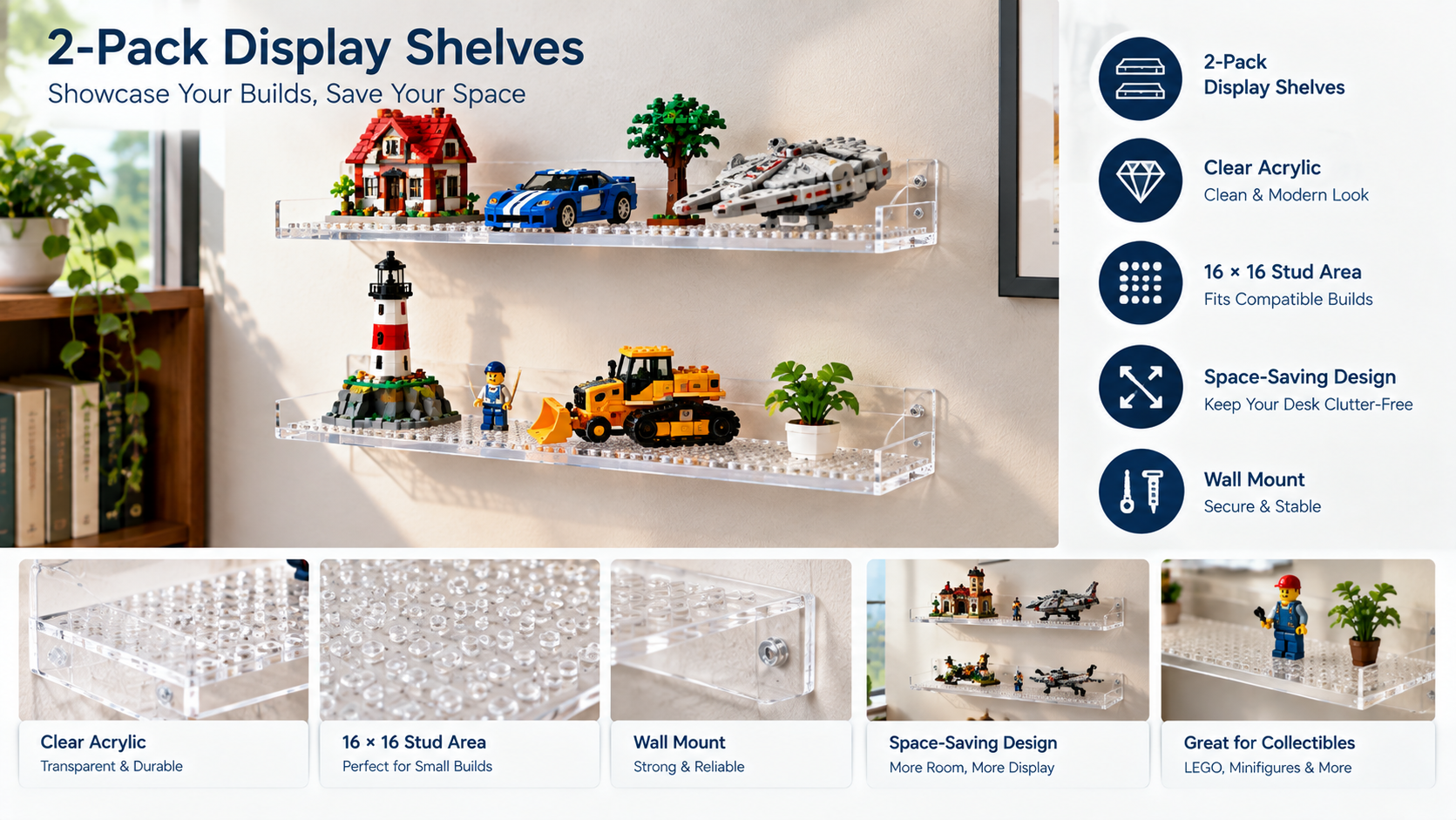 2-Pack Acrylic Floating Wall Shelves for LEGO Builds